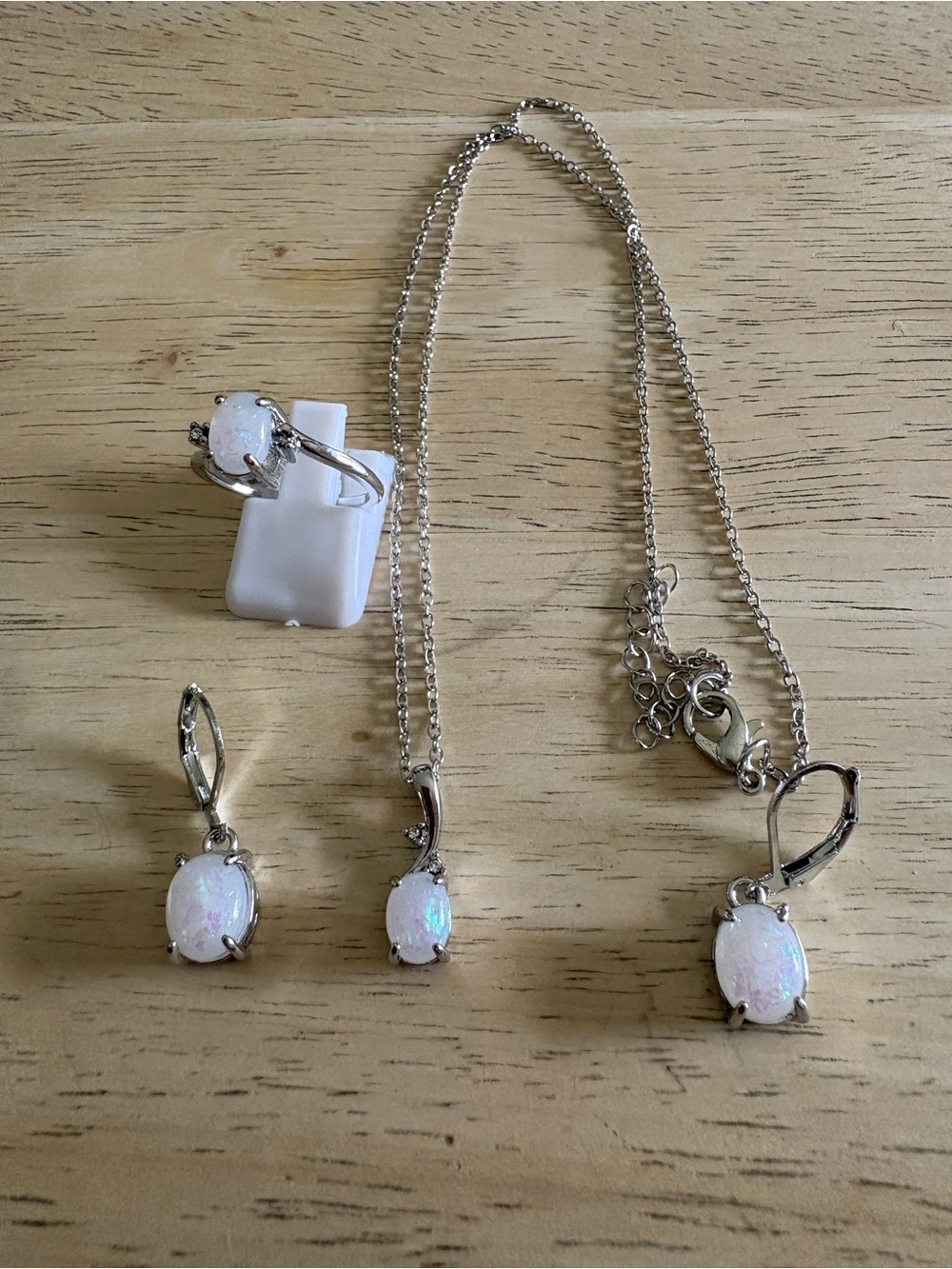 Sterling Silver Opal Pendant Necklace and Earrings Set in White Opal